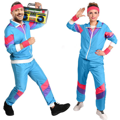 Aomig 90s 80s Costume Adults, Retro Tracksuit for Men Women, Disco Jumpsuit, Matching Outfit Jacket and Pants 80s Party Bad Taste for Theme Party Carnival (Blue-XL)