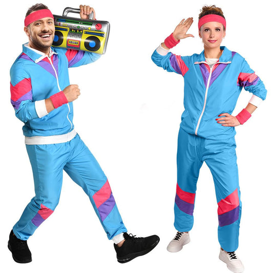 Aomig 90s 80s Costume Adults, Retro Tracksuit for Men Women, Disco Jumpsuit, Matching Outfit Jacket and Pants 80s Party Bad Taste for Theme Party Carnival (Blue-XL)