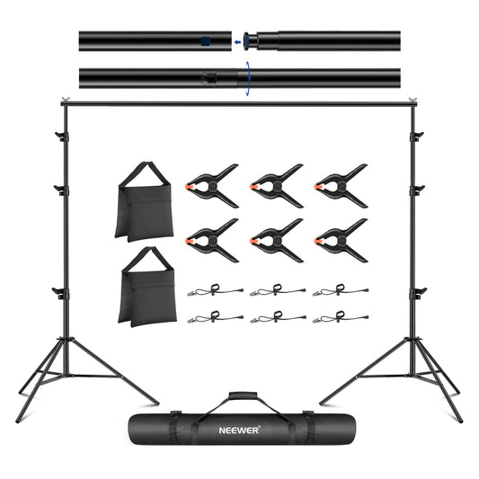 NEEWER 8.5x10ft Adjustable Background Stand Set, Photography Background Support System with 4 Crossbars, 6 Spring Clamps, 6 Background Clips, 2 Sandbags, and Carrying Bag.