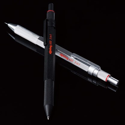 Rotring 600 3-in-1 writing instrument with ballpoint pen and mechanical pencil. Ballpoint pen with 2 fine tips (black and red ink) and 1 mechanical pencil with 0.5mm lead. Silver color.
