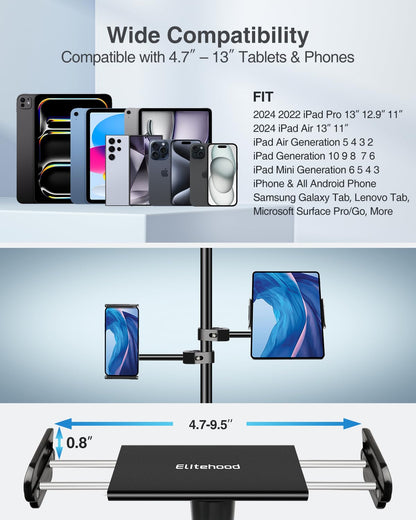 Elitehood Aluminum iPad Holder Microphone Stand, Side Tablet Holder Mic Stand, Adjustable 360° Rotatable Tablet Holder Microphone Stand with iPad Pro 12.9, Air, Mini, More 4-12.9” Devices