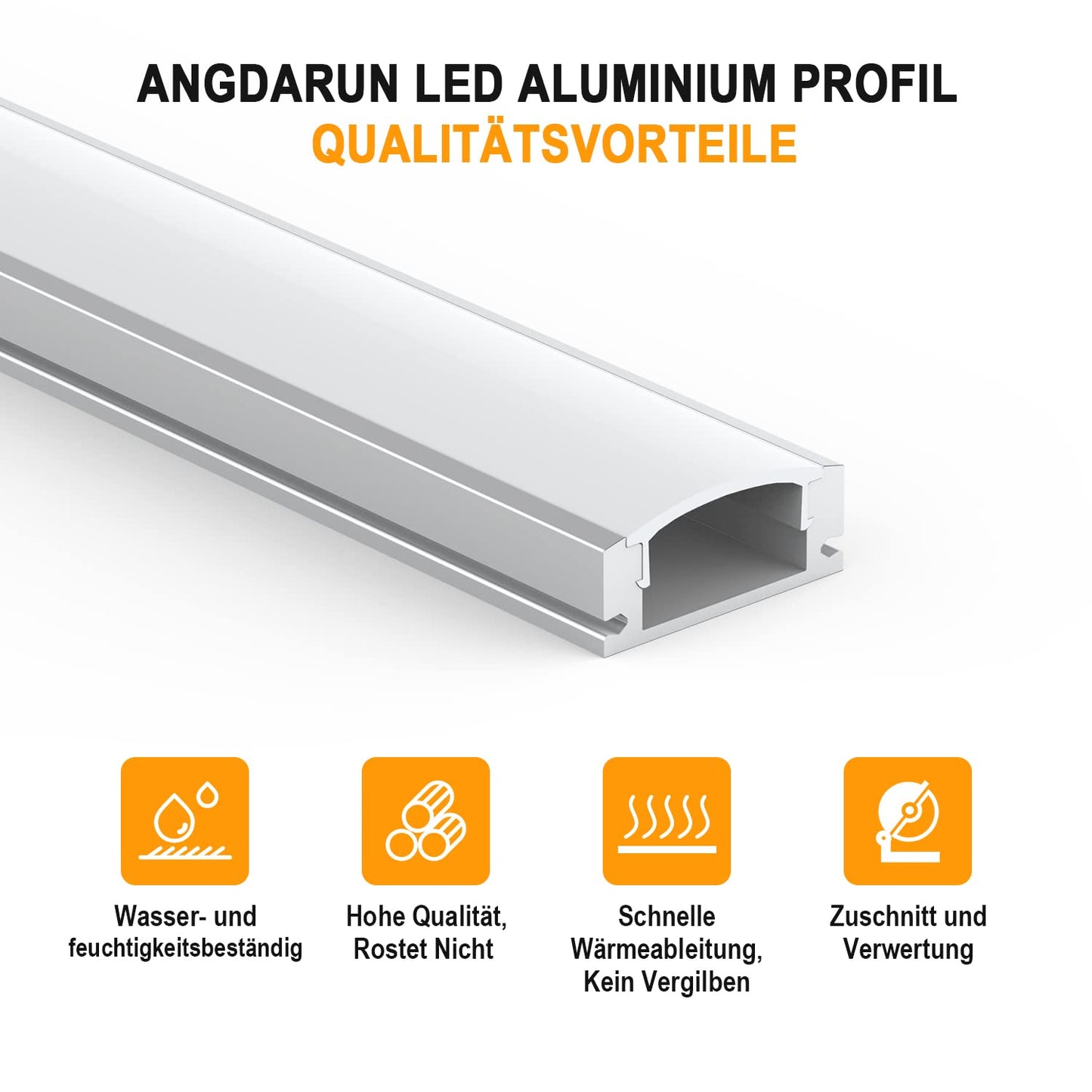 Angdarun LED profile, 12 pieces x 1M U-shape LED aluminum profile channel, for LED strip, with frosted white end caps, mounting clips, and corner connectors.