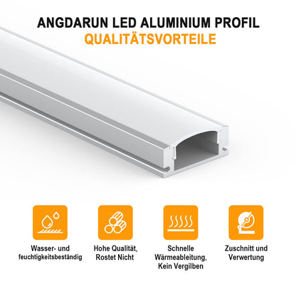 Angdarun LED profile, 12 pieces x 1M U-shape LED aluminum profile channel, for LED strip, with frosted white end caps, mounting clips, and corner connectors.