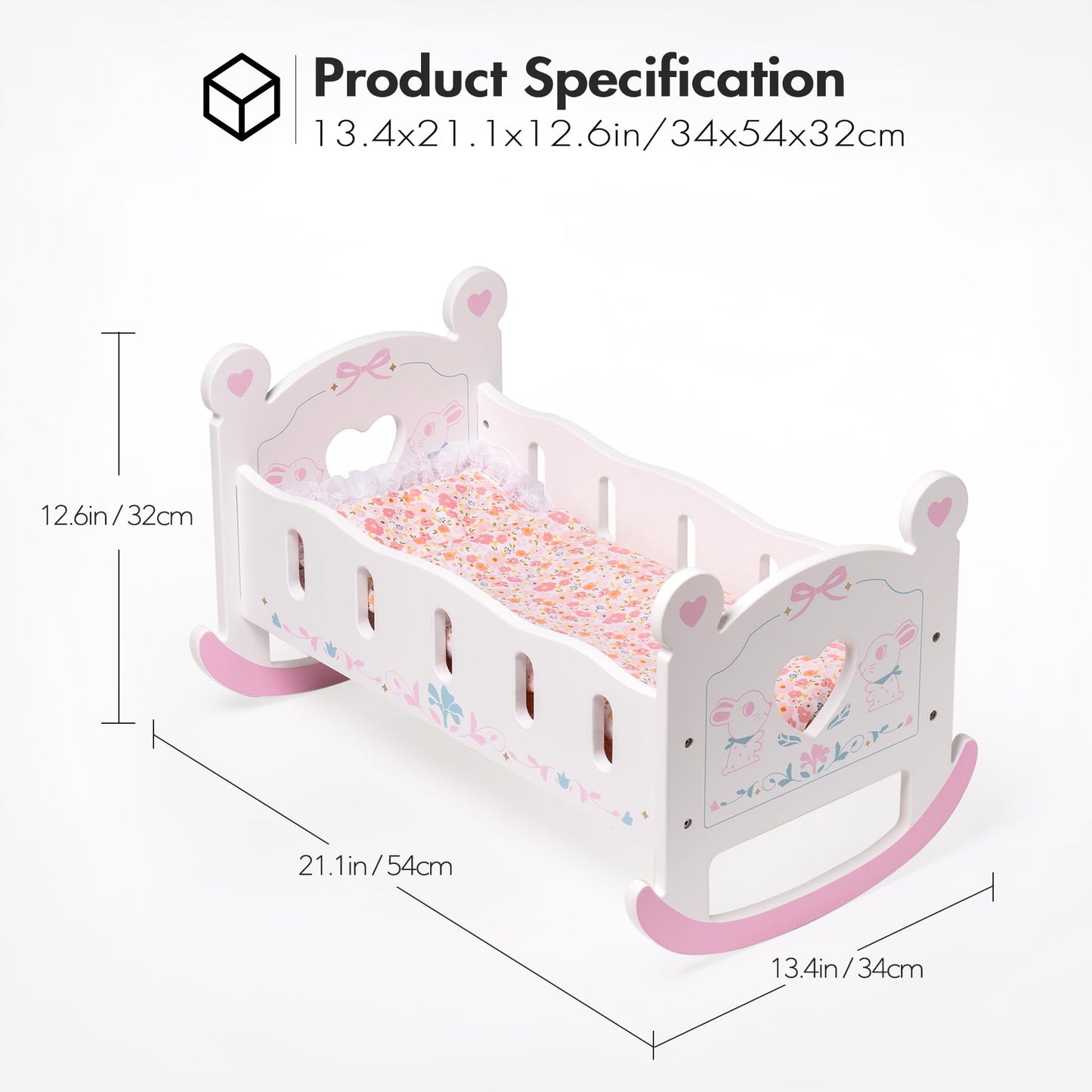 ROBUD wooden doll bed for 45cm dolls, doll cradle with pillow and blanket, suitable for children aged 3 years and up.
