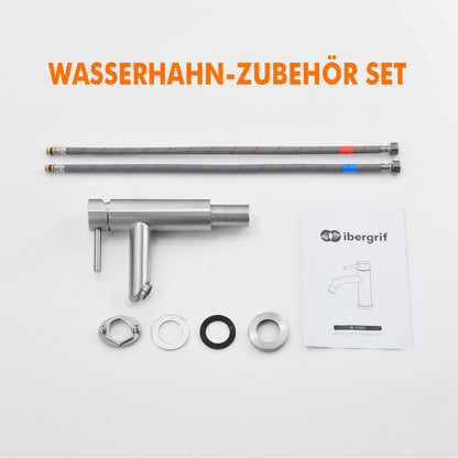 Ibergrif bathroom faucet, stainless steel single lever mixer tap for hot and cold water, drip-free and water-saving, 98mm spout height, grey bathroom fixture M11103.