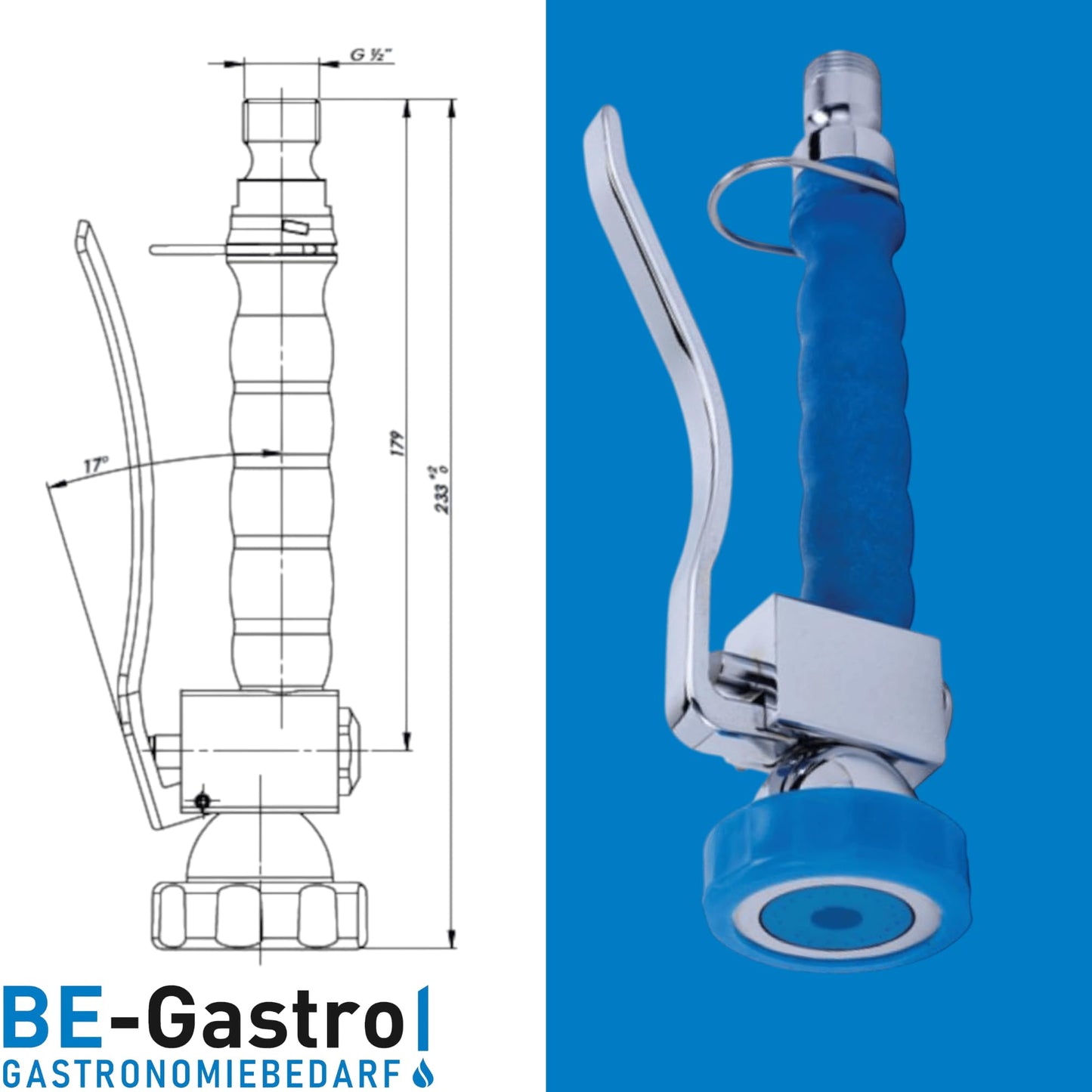 BE-GASTRO® Professional Gastro Hand Shower (Blue) including locking clip | 1/2" standard connection | Stainless steel replacement spray head for dishwashing spray/Gastro spray