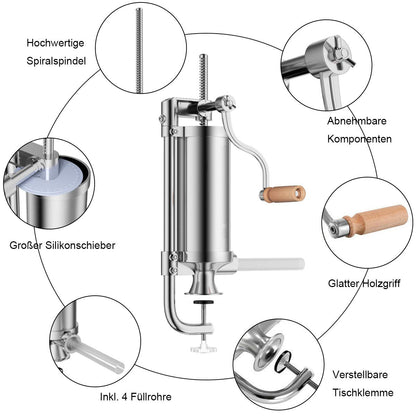 COSTWAY 1.5kg/2.5kg/3kg/5kg manual sausage stuffer, stainless steel sausage machine, silver sausage filling machine with table clamp, sausage syringe including filling tubes (2.5KG - 4 filling tubes)