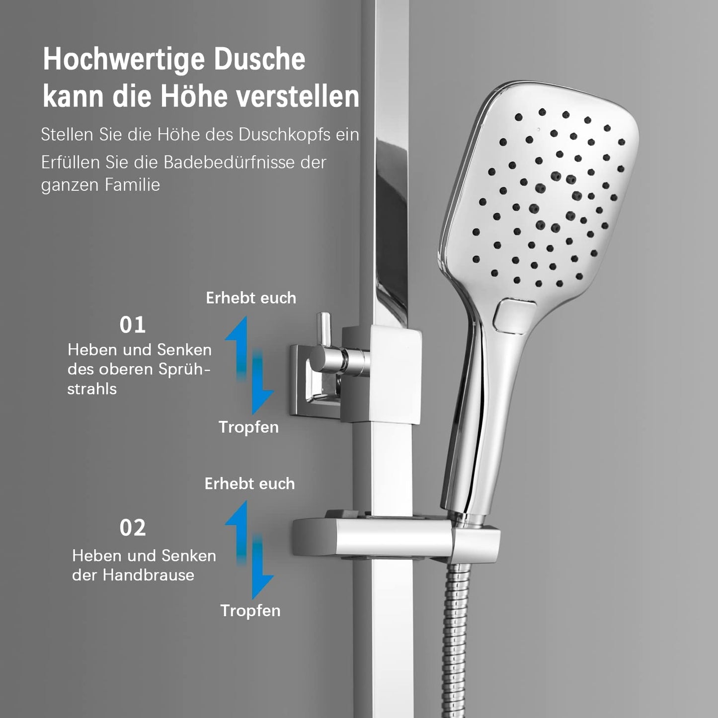 KOMIRO shower system without faucet, rain shower without faucet, shower set with 30x30cm shower head, hand shower with 3 spray modes, stainless steel height-adjustable shower bar, square.
