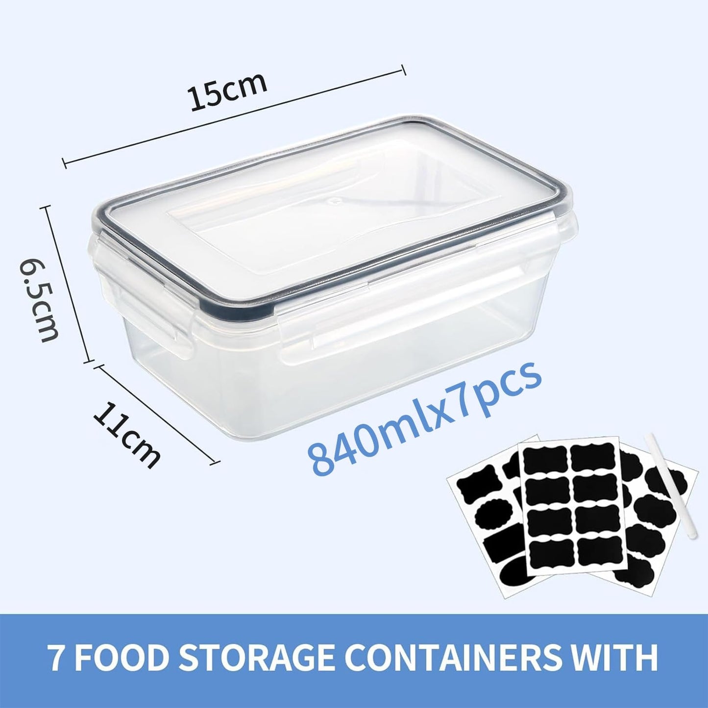 Goldeluxe 7 x 840 ml plastic storage containers with lids in medium size, freezer-safe, food boxes, BPA-free and 100% airtight, transparent, meal prep boxes.