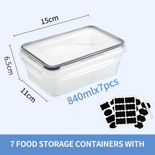 Goldeluxe 7 x 840 ml plastic storage containers with lids in medium size, freezer-safe, food boxes, BPA-free and 100% airtight, transparent, meal prep boxes.