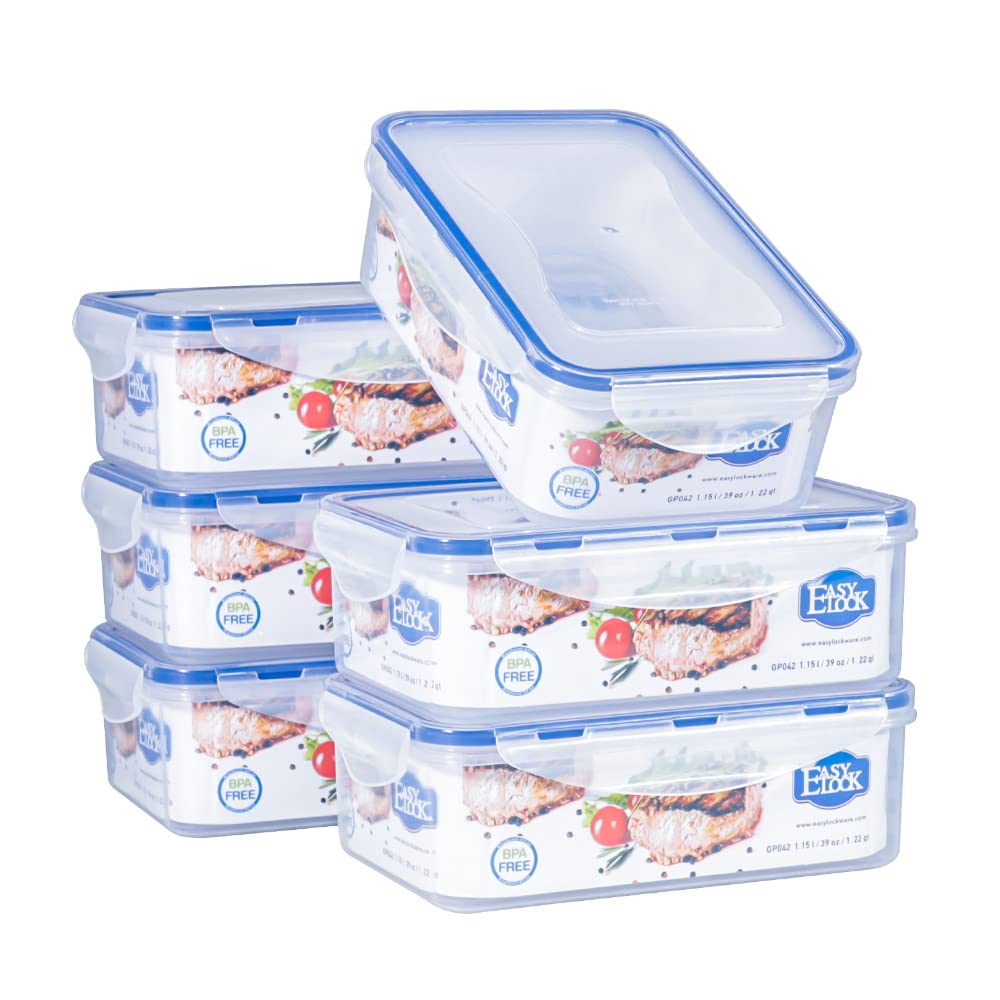 EASYLOCK 6PACK 1150ML plastic food containers set with lids, meal prep boxes, kitchen storage containers, microwave-safe food storage, rectangular freezer containers, airtight sandwich boxes.