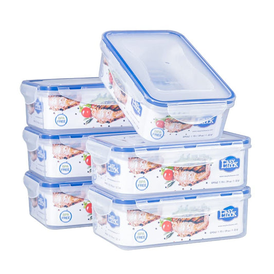 EASYLOCK 6PACK 1150ML plastic food containers set with lids, meal prep boxes, kitchen storage containers, microwave-safe food storage, rectangular freezer containers, airtight sandwich boxes.