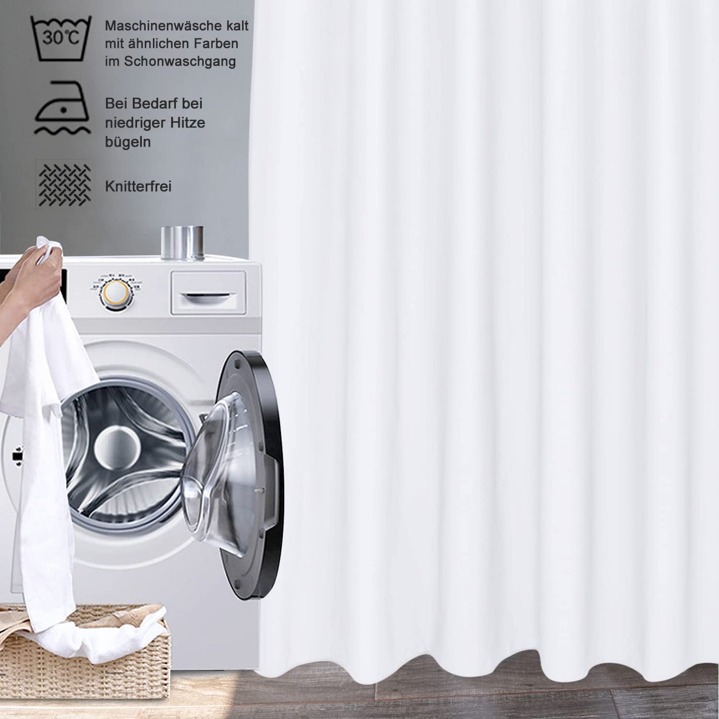 Extra wide white shower curtain 275 x 180 Textile polyester fabric shower curtains, waterproof washable anti-mold bath curtain with 18 rings