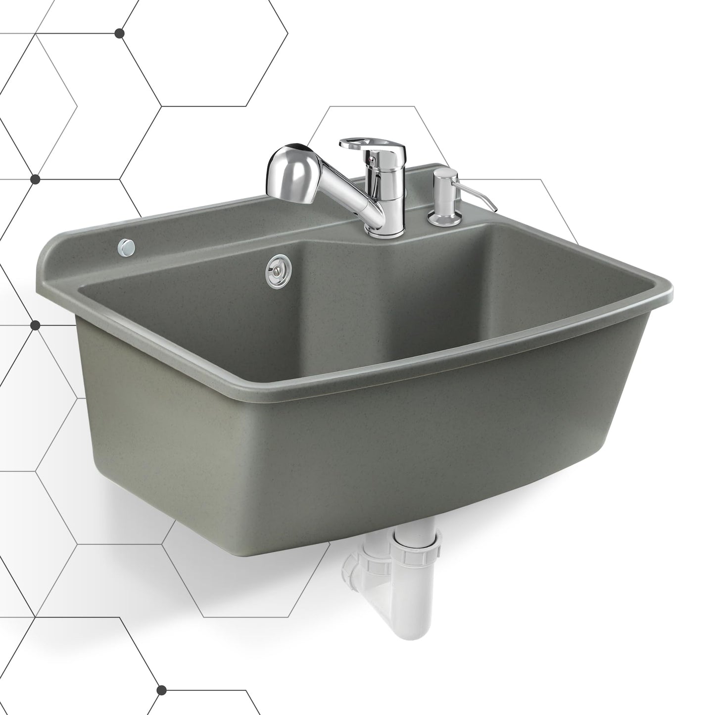 GOSPO drain basin with extendable faucet, sink 61 x 44 x 23.5 cm, washbasin with soap dispenser, siphon, sink including accessories, washroom, industrial washbasin (gray)