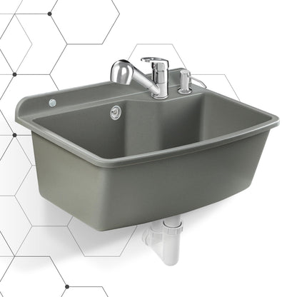 GOSPO drain basin with extendable faucet, sink 61 x 44 x 23.5 cm, washbasin with soap dispenser, siphon, sink including accessories, washroom, industrial washbasin (gray)