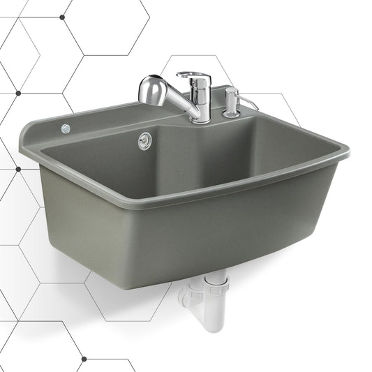 GOSPO drain basin with extendable faucet, sink 61 x 44 x 23.5 cm, washbasin with soap dispenser, siphon, sink including accessories, washroom, industrial washbasin (gray)