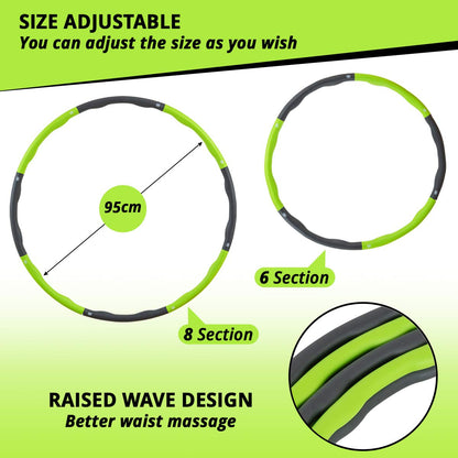 Adult hula hoop with 95 cm diameter for advanced fitness and weight loss. Hoola hoops for weight reduction with 8 detachable parts in Green - Gray.