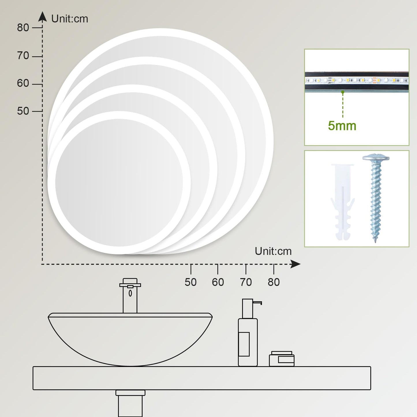 Trintion 70cm Round LED Mirror with Lighting, Touch Switch, Dimmable, 3 Color Adjustable Fog-Free Bathroom Mirror with Lighting (50cm)