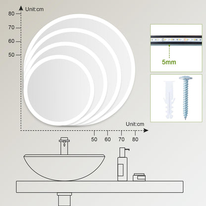 Trintion 70cm Round LED Mirror with Lighting, Touch Switch, Dimmable, 3 Color Adjustable Fog-Free Bathroom Mirror with Lighting (50cm)