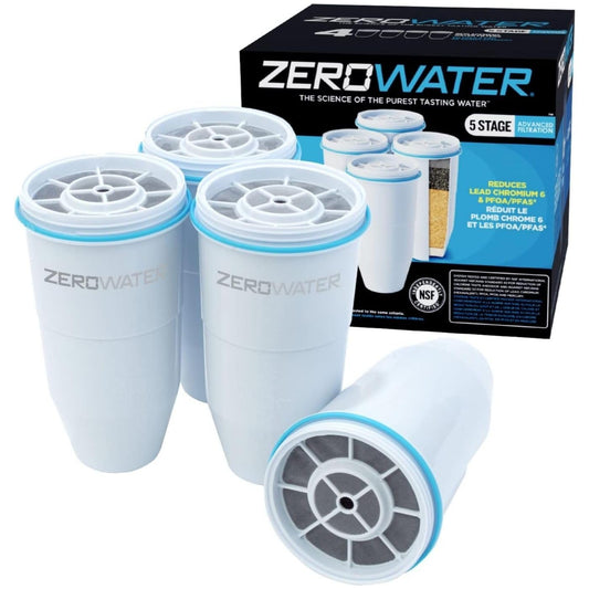 Zerowater 5-Stage Water Filter Replacement, Water Purifier Drinking Water - NSF Certified to Reduce Lead, Other Heavy Metals, and PFOA/PFOS - Water Filter Cartridges 4-Pack, White