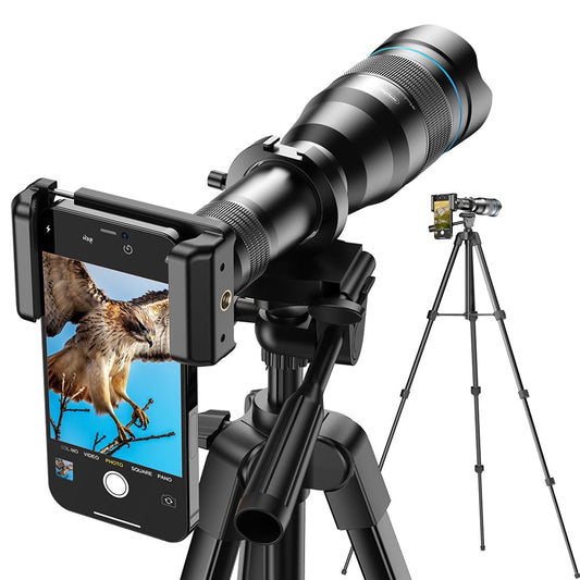 Apexel powerful 60x telephoto lens for iPhone, mobile camera lens with shutter and tripod for moongazing/watching games.