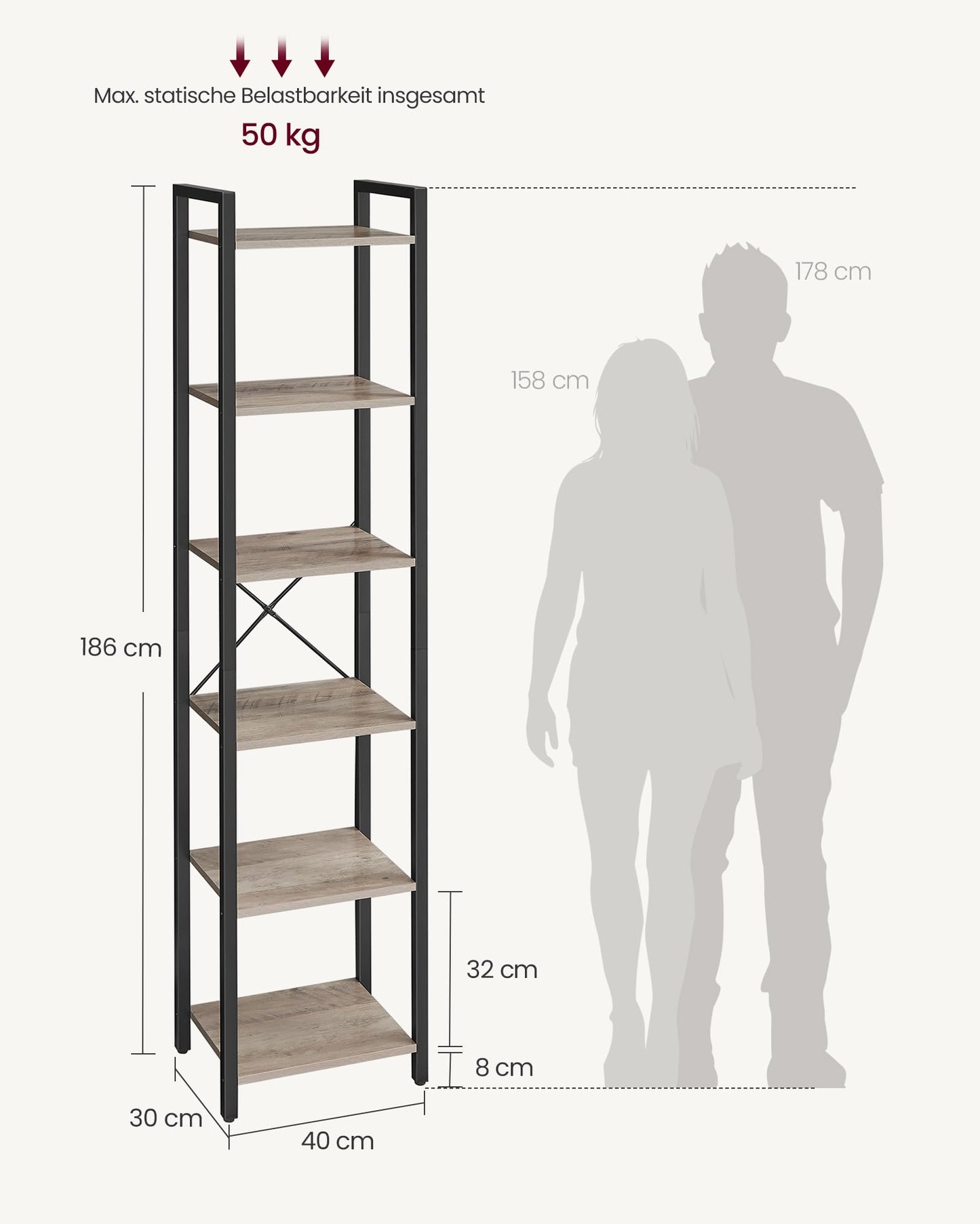 VASAGLE Shelf, Bookshelf, Standing Shelf, DVD Shelf, with 6 Levels, Office Shelf, Open Shelves, for Office, Living Room, Bedroom, Kitchen, 30 x 40 x 186 cm, Beige-Black LLS101B02