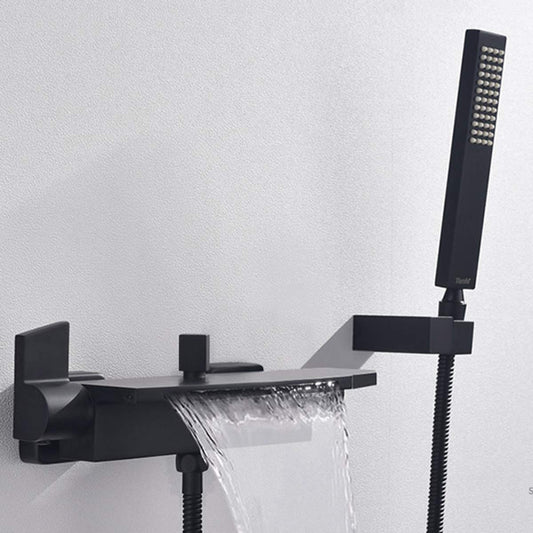 Black bathtub faucet with hand shower, shower systems, waterfall spout, wall mount, single lever mixer faucet for bathroom shower.