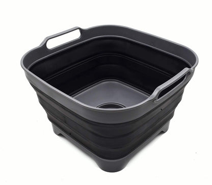 SAMMART TPE and Polypropylene, 10 liters collapsible wash basin with drain plug - Portable dishwashing tub - Space-saving kitchen storage compartment (Gray/Black, 1)