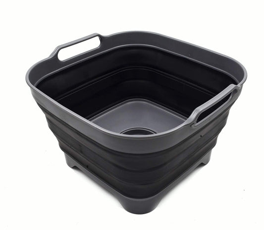 SAMMART TPE and Polypropylene, 10 liters collapsible wash basin with drain plug - Portable dishwashing tub - Space-saving kitchen storage compartment (Gray/Black, 1)