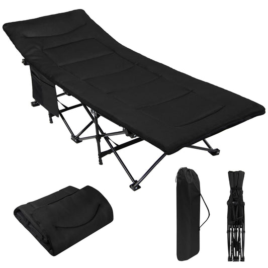 ALPIDEX camping bed cot up to 200 kg side pocket comfortable pad softly padded foldable collapsible guest bed lounger camping garden, color: Black.