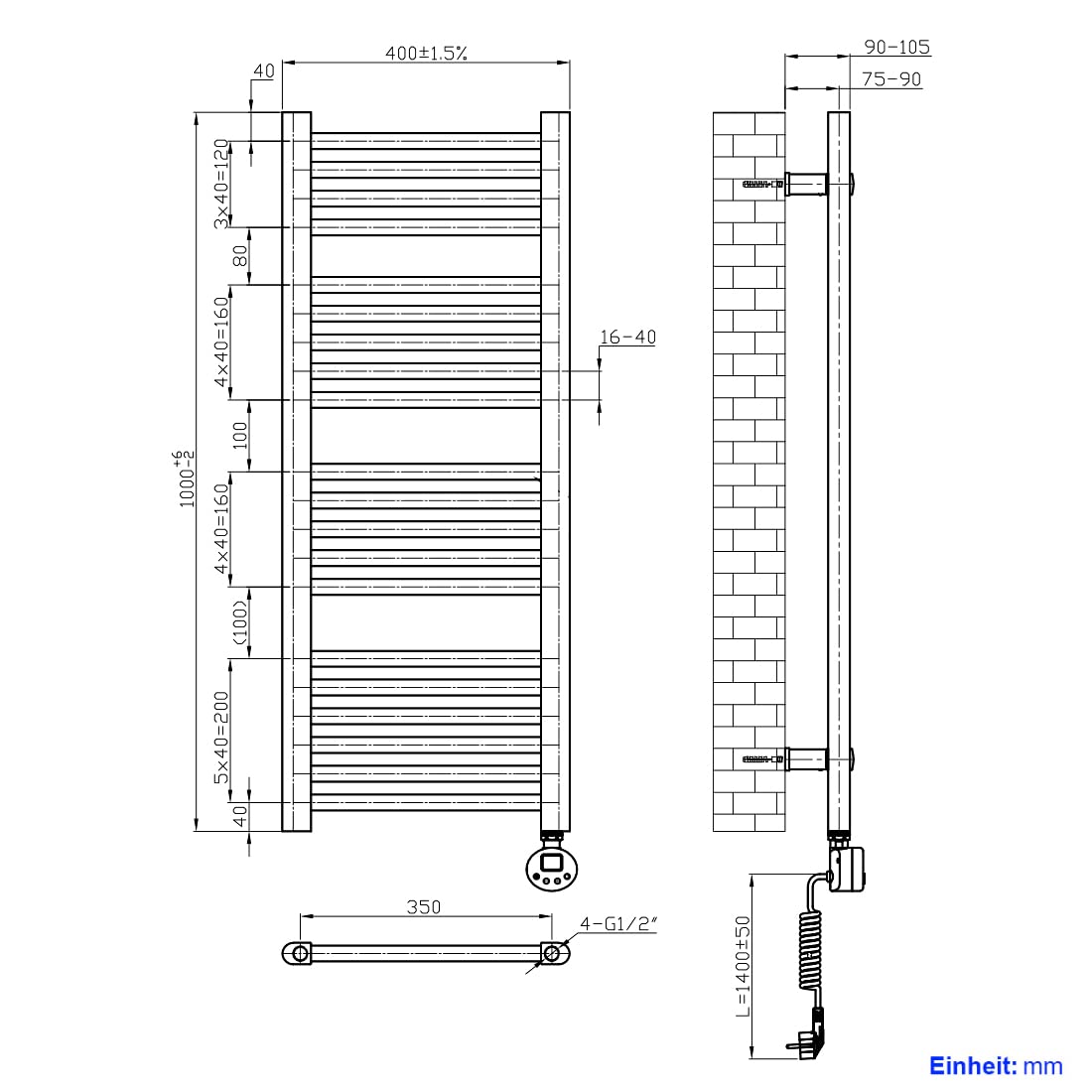 Heilmetz electric towel radiator 100x40cm with digital thermostat and timer function. Straight towel radiator in anthracite 300W.