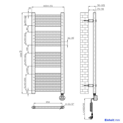Heilmetz electric towel radiator 100x40cm with digital thermostat and timer function. Straight towel radiator in anthracite 300W.