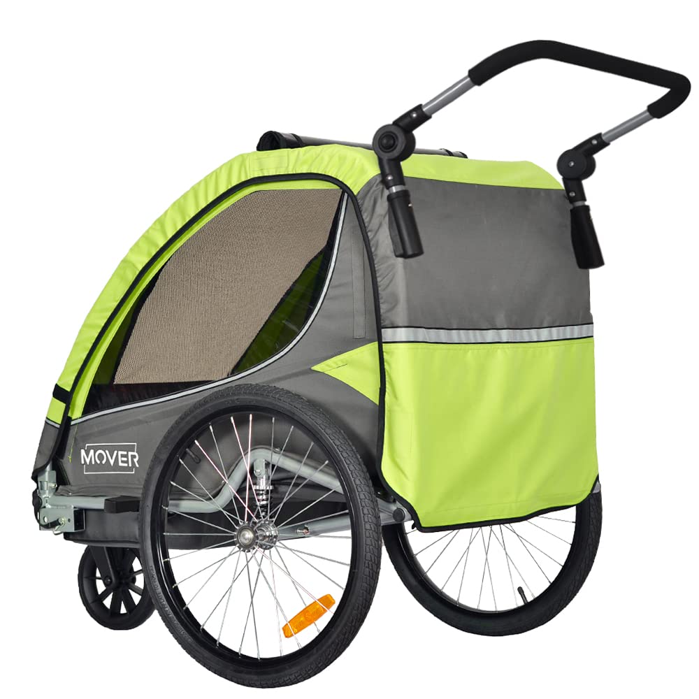 PAPILIOSHOP Mover bike trailer for kids, stroller, anti-wicking, wheel protection barrier, PVC window, 2-seater, 5-point safety harness, padded seat.