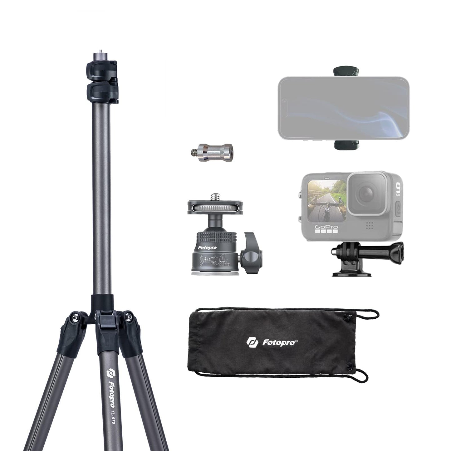 PhotoPro 208CM camera tripod with 360° ball head, phone holder, tall and durable ring light tripod for camera and phone, maximum load 5 kg.