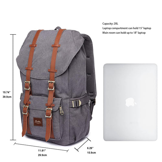 KAUKKO Unisex canvas backpack in vintage style with leather straps as school bag, for hiking, shopping, traveling, camping, and everyday use, 1grey,L.