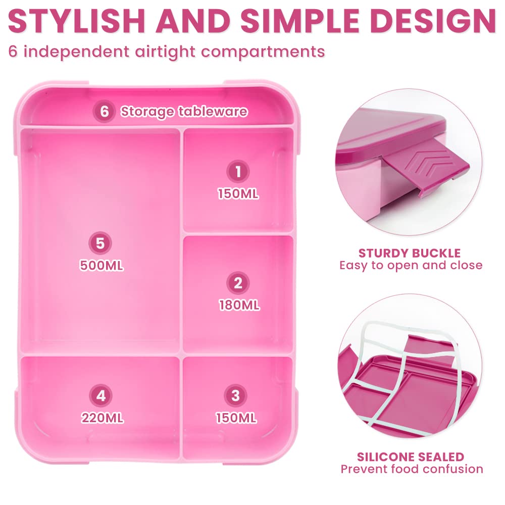 Bugucat lunch box for kids with compartments 1330ML, leak-proof bento box with 6 compartments utensil set, snack box breakfast box for girls boys