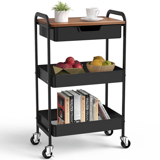 Shrivee 3-Tier Kitchen Cart with Table and Drawer, Utility Cart, Metal Utility Rolling Cart, Shelf Cart for Office Salon, Multi-Purpose Cosmetic, Serving Cart for Kitchen, Bathroom, Office (Black)
