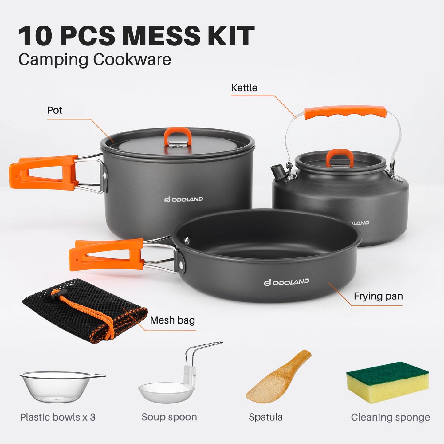 Odoland Camping Cookware Set, 10-piece outdoor dish set with camping pot 2.9L, camping frying pan 0.9L, and teapot 1.6L for camping, outdoor cooking, hiking, and traveling.