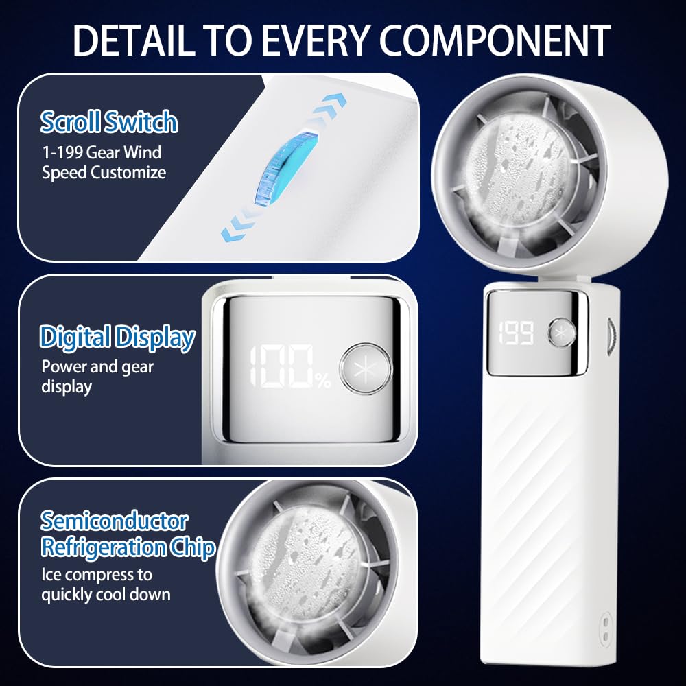 CATGIFF handheld fan, mini rechargeable battery operated fan, adjustable speed (1-199), digital display, 90° adjustable small quiet turbo fan for travel camping outdoor white