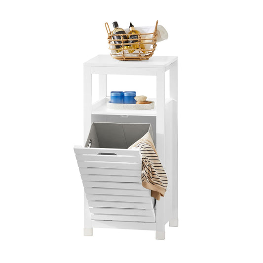 SoBuy Bathroom Cabinet with Laundry Basket - Laundry Cabinet, Bathroom Cabinet with Fold-Out Laundry Bag, Compact Bathroom Shelf, Wooden Bathroom Furniture, White, 42x90x30cm, BZR67-W