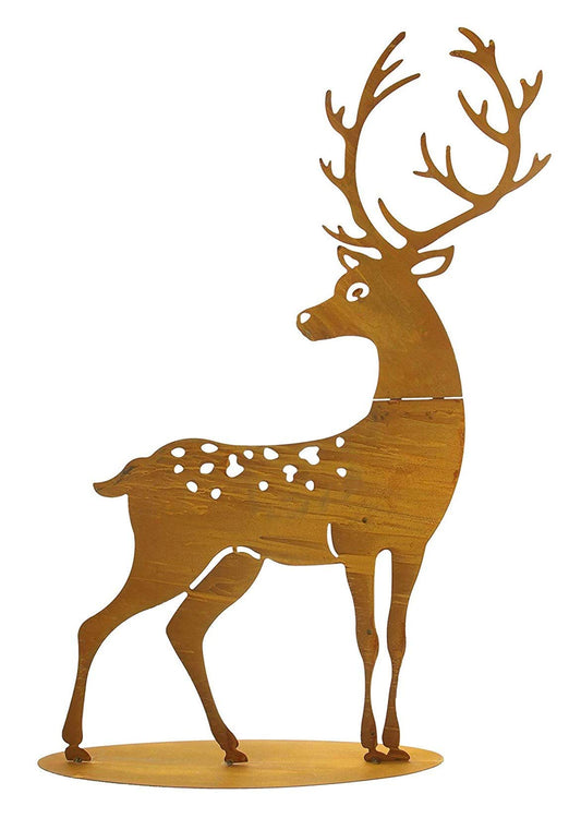 Passionate deco with a large metal stag in rust design, suitable for indoor and outdoor use. Perfect for garden decoration as a rusty figurine.
