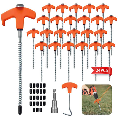 24 pieces of screw-in camping pegs, rotating tent pegs with threads, screw-in camping pegs, pegs earth nails sturdy for hard ground, forest, meadows, grass. Durable and strong.