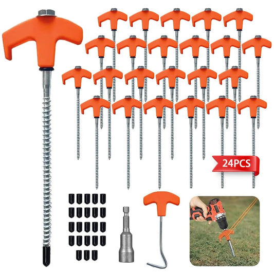 24 pieces of screw-in camping pegs, rotating tent pegs with threads, screw-in camping pegs, pegs earth nails sturdy for hard ground, forest, meadows, grass. Durable and strong.