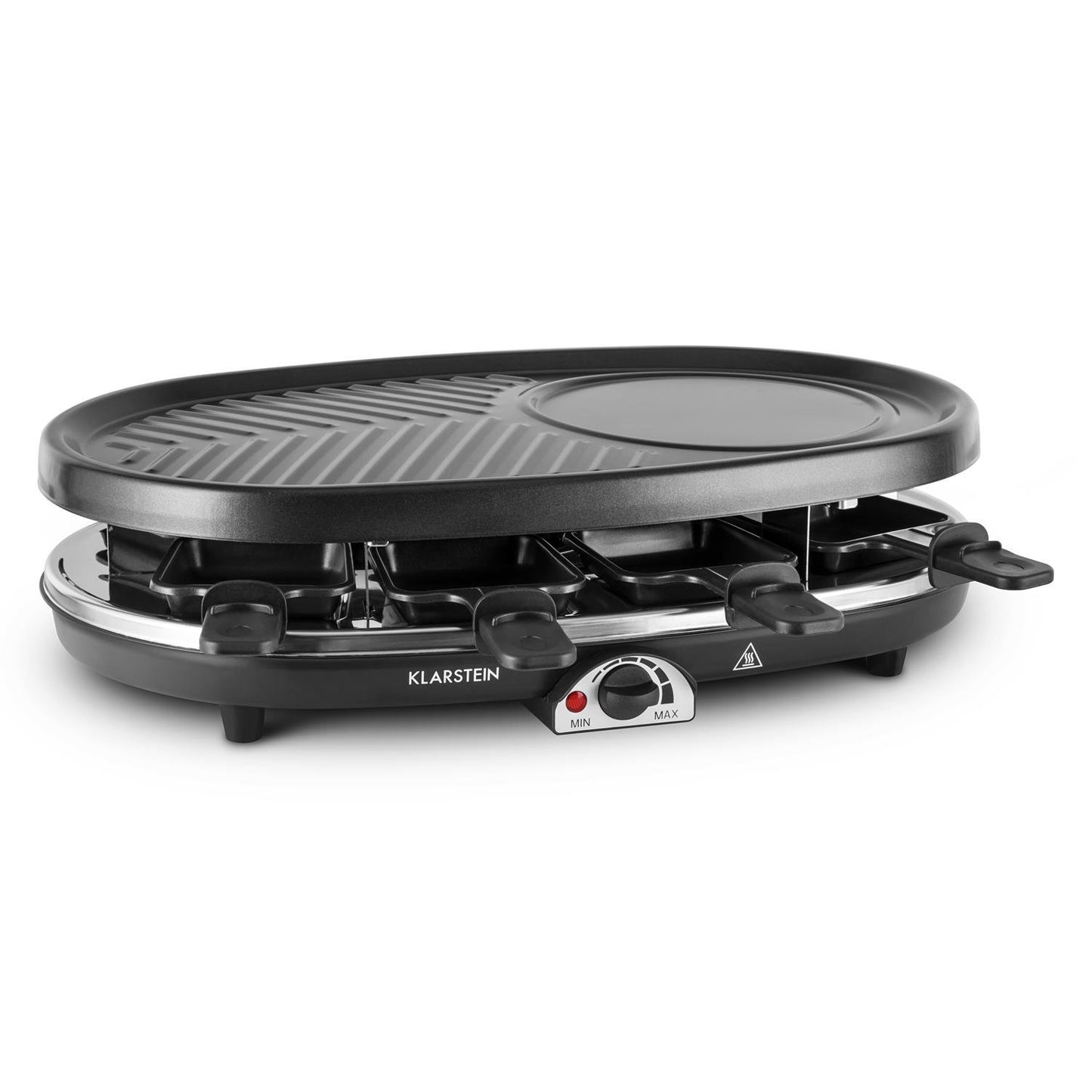 Klarstein Steaklette All-U-Can-Grill Raclette - 1500 watts, 8 people including pans, continuously adjustable temperature, 4-in-1, without coaster and wooden spatula.