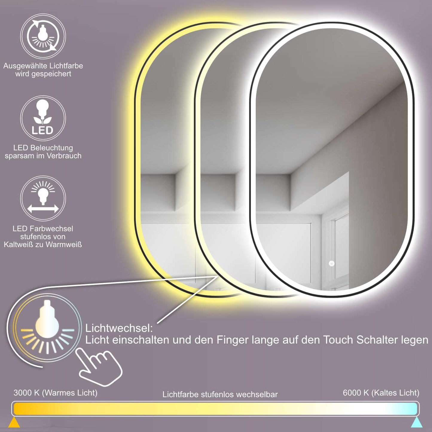HOKO LED Design Bathroom Mirror oval 45x75 cm / 75x45 cm Brescia+ Black Metal Frame. VERTICAL+HORIZONTAL Installation. Lighted mirror, also Vanity Mirror+Touch Switch+Light Change-Warm White-Cool White-Neutral