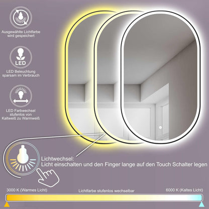 HOKO LED Design Bathroom Mirror oval 45x75 cm / 75x45 cm Brescia+ Black Metal Frame. VERTICAL+HORIZONTAL Installation. Lighted mirror, also Vanity Mirror+Touch Switch+Light Change-Warm White-Cool White-Neutral