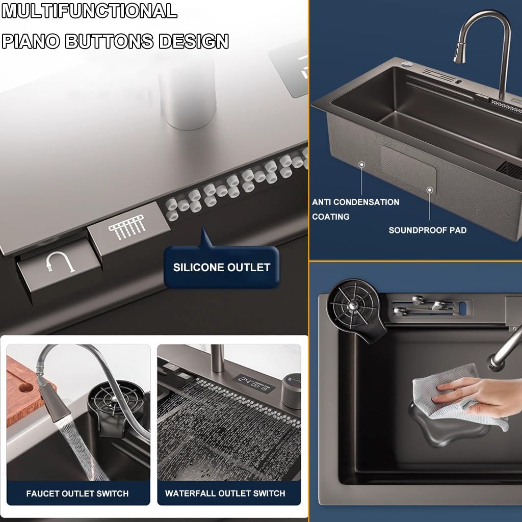 304 stainless steel waterfall sink with digital display, bar sink with tool holder, nano-coated workstation sink with pull-out faucet and cup washing system (size: 75 x 46 x 21 cm).