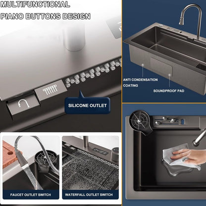 304 stainless steel waterfall sink with digital display, bar sink with tool holder, nano-coated workstation sink with pull-out faucet and cup washing system (size: 75 x 46 x 21 cm).