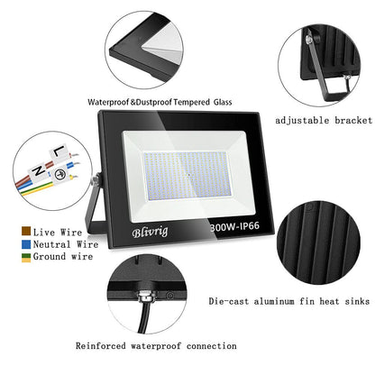 Blivrig 300W LED Floodlight Outdoor Warm White, Outdoor Floodlight, Super Bright 30000LM Floodlight, Outdoor Spotlight IP66 Waterproof, 3000K Outdoor Spotlight, Warm Floodlight, for Garden, Garage (Warm White, 300W)