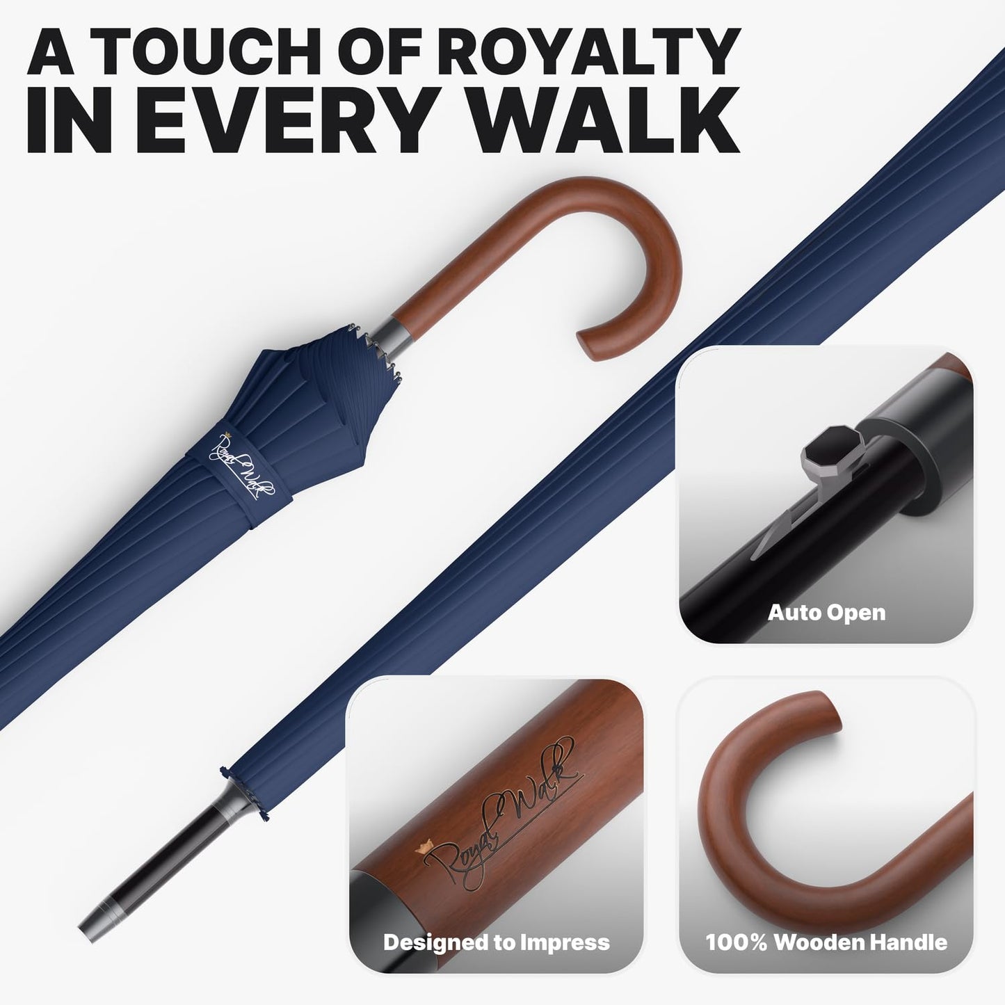 Royal Walk Large XXL 54 inch Automatic Travel Golf Umbrella for Men and Women Stormproof Windproof Lightweight Classic for 2 People Wooden Handle Water Repellent 16 Ribs Unisex 120cm